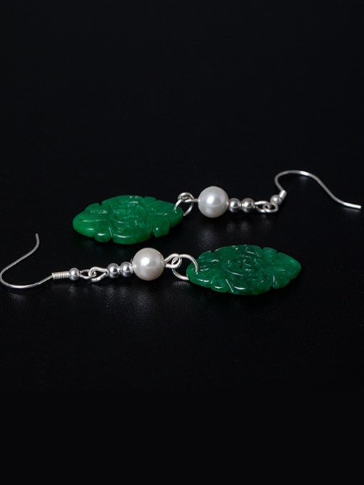 SILVER MI Retro style Shell Pearls Green Emerald 925 Silver Earrings 2