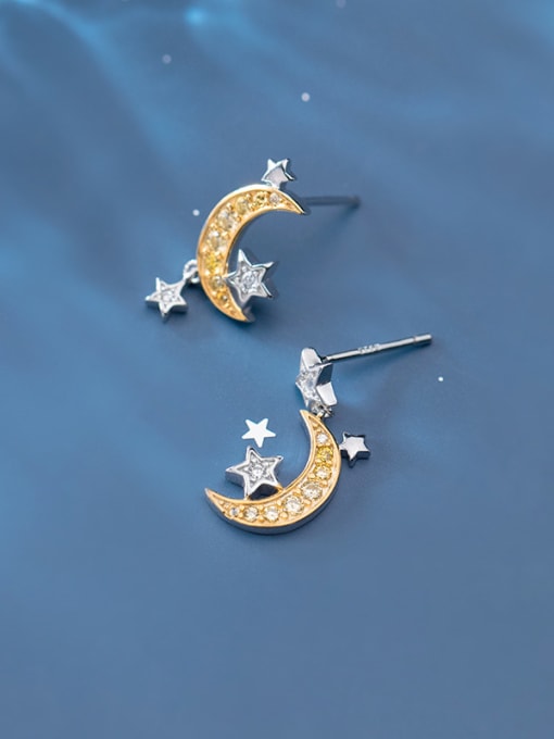 Rosh 925 Sterling Silver With Platinum Plated Cute Moon Stud Earrings 2