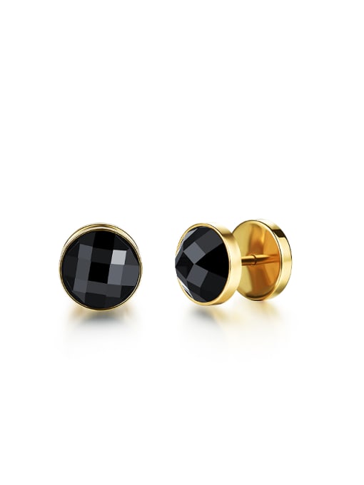 Gold Simple Black Rhinestones Round Titanium Stud Earrings