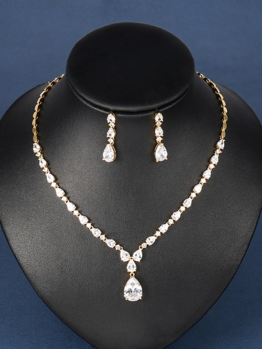 gold Copper With  Cubic Zirconia  Classic Water Drop Earrings And Necklaces 2 Piece Jewelry Set