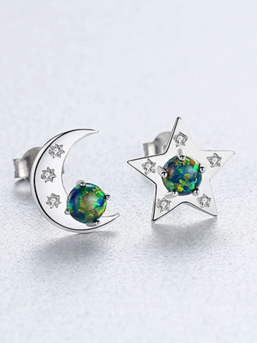 sliver 925 Sterling Silver With  Opal Cute Star  Moon Asymmetry  Stud Earrings