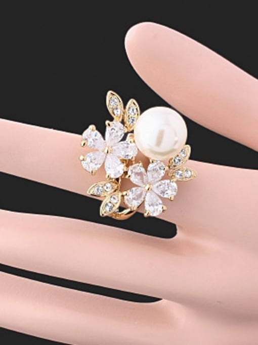 Wei Jia Fashion Zircon-studded Flowers Artificial Pearl Copper Ring 2