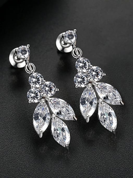 platinum-T03A18 Copper With Cubic Zirconia Personality Leaf Stud Earrings