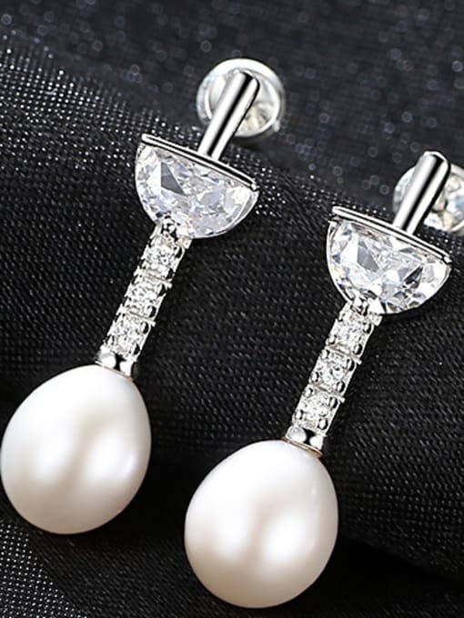 White Sterling Silver with 3A zircon 7-8mm Natural Freshwater Pearl Earrings