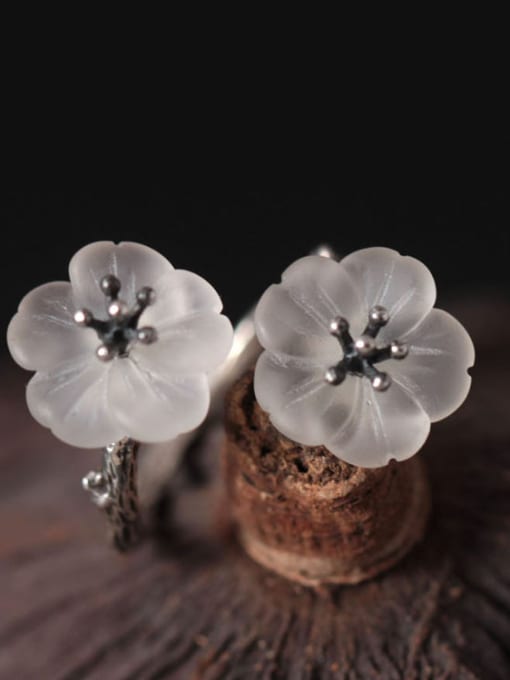 SILVER MI Double Crystal Flowers Opening Ring 2