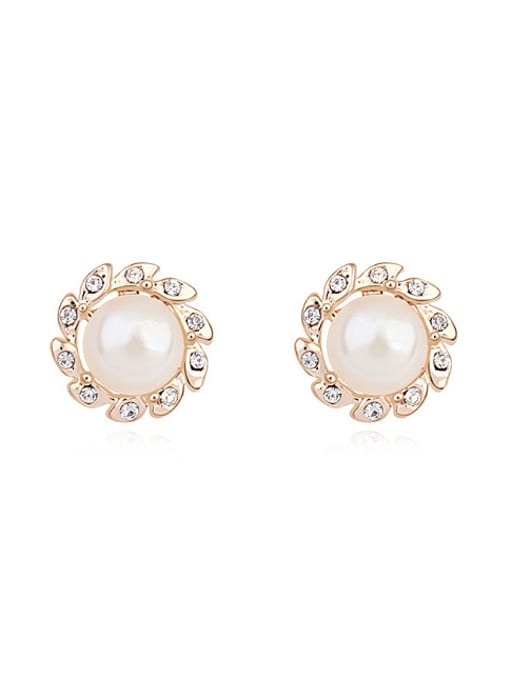 QIANZI Elegant Imitation Pearl Tiny Crystals Flowery Alloy Stud Earrings 0