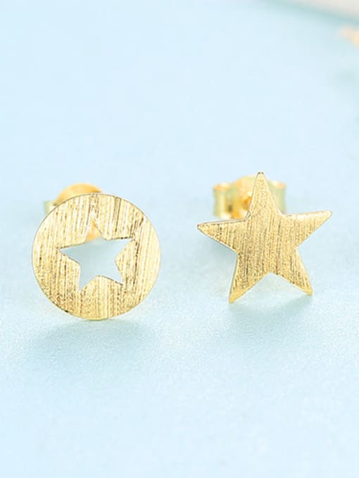 gold 925 Sterling Silver With  Glossy Simplistic Stars moon asymmetry  Stud Earrings