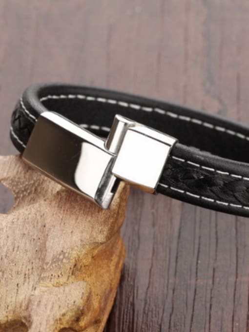 Open Sky Simple Black Artificial Leather Titanium Bracelet 2