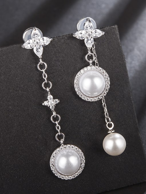 ALI Micro-inlaid zircon  imitation pearl asymmetrical earrings 1