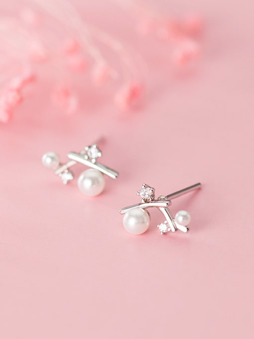 Rosh 925 Sterling Silver With  Artificial Pearl  Personality Irregular Stud Earrings 0
