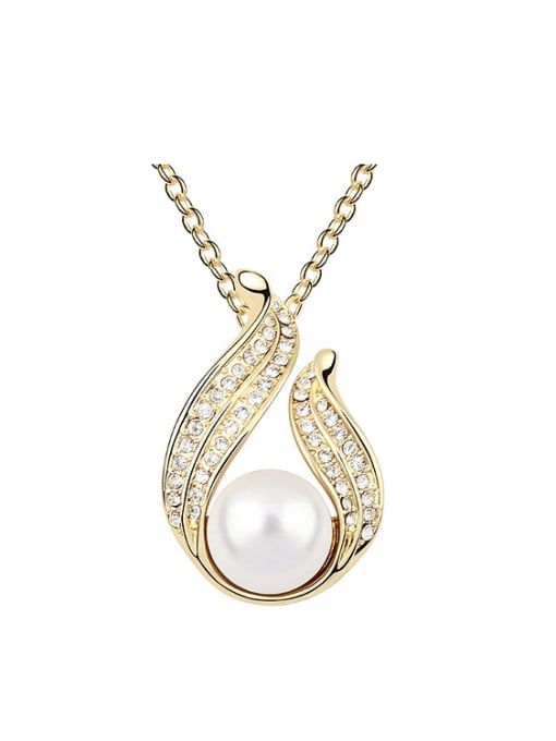 QIANZI Champagne Gold Plated Imitation Pearl Tiny Crystals-covered Alloy Necklace 0