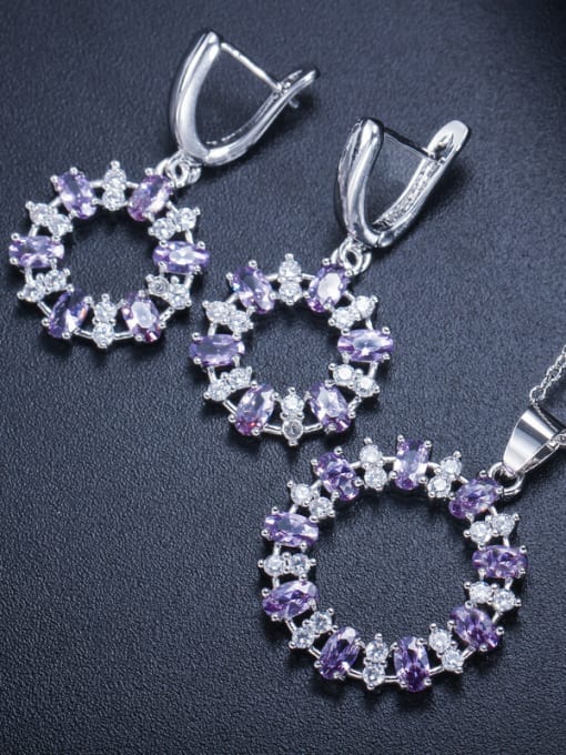 Purple Luxury Shine Square High Quality Zircon Round Necklace Earrings 2 Piece jewelry set Multicolor
