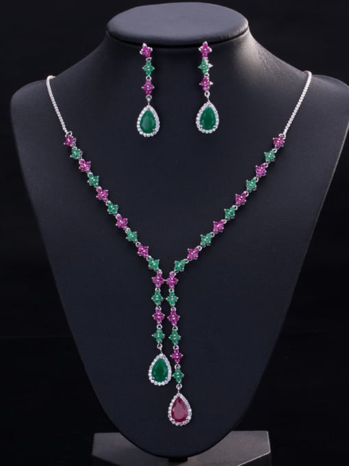 Platinum Red And Green Water Drop Color Zircons Two Pieces Jewelry Set