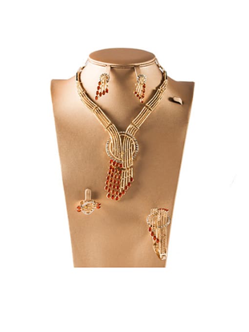 Red 18K Artificial Crystal Tassels Colorfast Four Pieces Jewelry Set