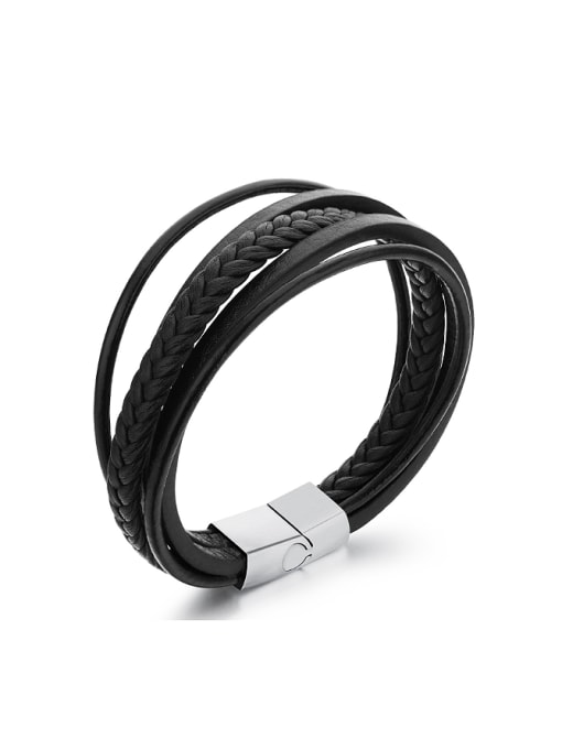 Open Sky Simple Multi-band Black Woven PU Titanium Men Bracelet 0