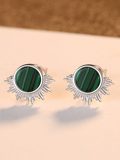 Platinum 925 Sterling Silver With Platinum Plated Simplistic Malachite  Round Stud Earrings