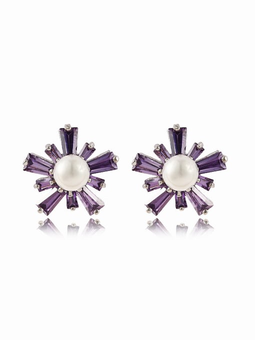 Wei Jia Fashion Imitation Pearl Purple Zirconias-studded Flowery Stud Earrings 0
