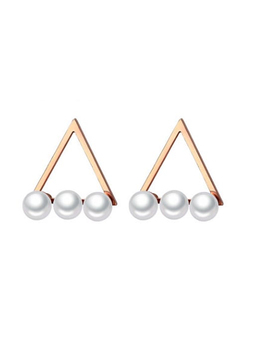 Rose Gold All-match Hollow Triangle Shaped Artificial Pearl Stud Earrings