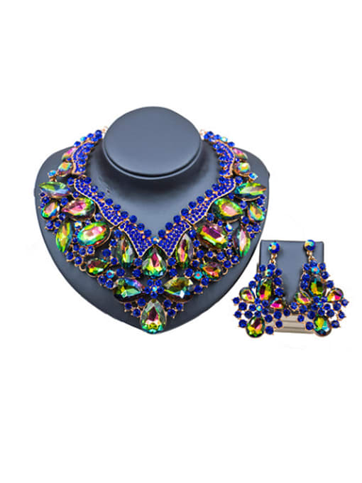 Blue & Multi-color Water Drop Glass and Rhinestones Exaggerated Two Pieces Jewelry Set