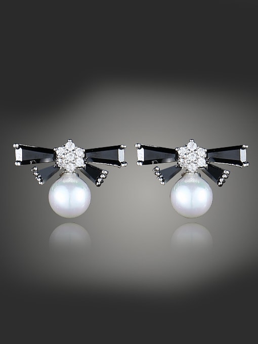 Wei Jia Simple Bowknot Artificial Pearl AAA Zirconias Stud Earrings 0