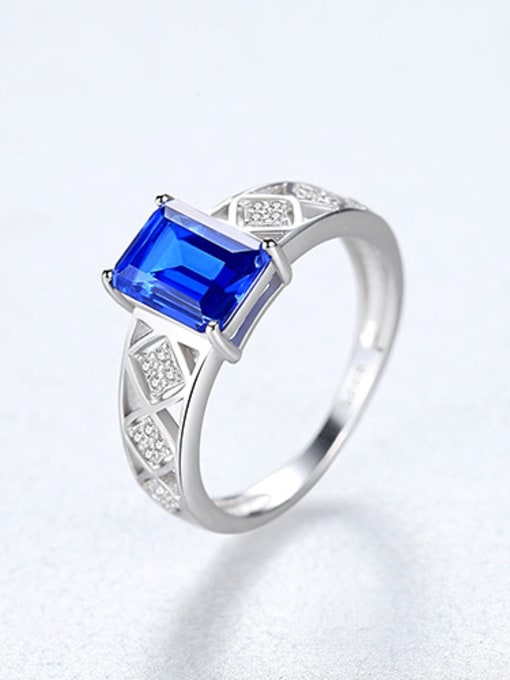 BLUE 925 Sterling Silver With Glass stone Simplistic Square Band Rings
