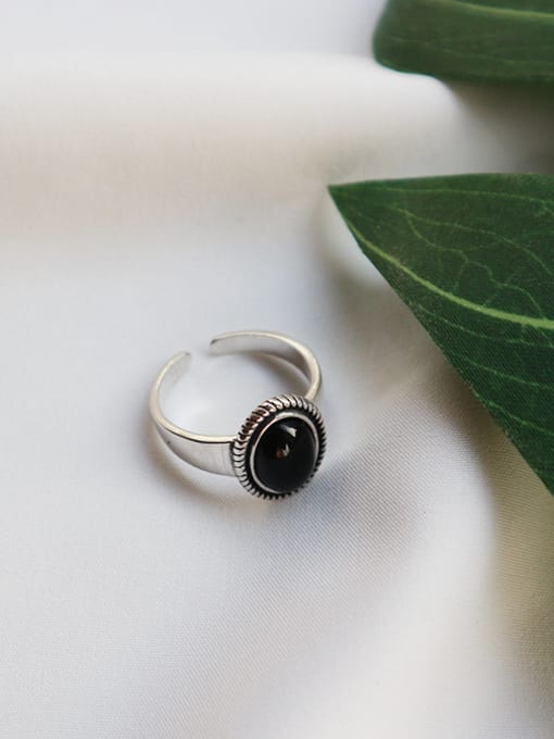 Boomer Cat Sterling Silver black agate retro style free size ring