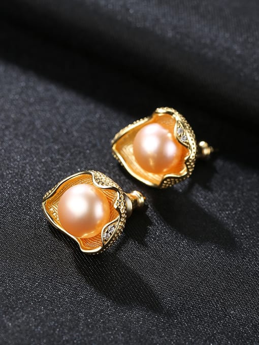 Pink Pure silver shell design freshwater pearl gold earring