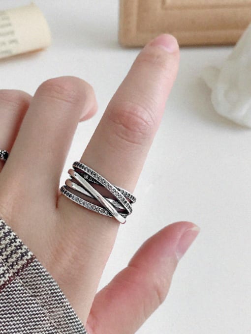 DAKA 925 Sterling Silver With Antique Silver Plated Vintage Multi-layer line  free size Rings 2