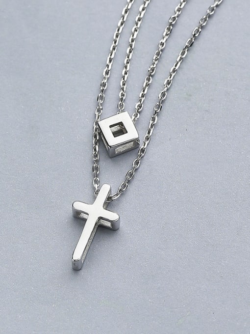 One Silver Double Layer Chain Cross Necklace 2
