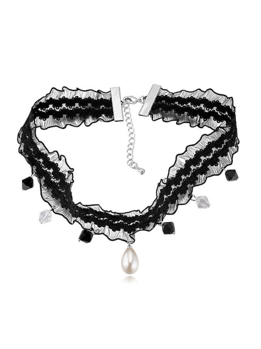 QIANZI Personalized Cubic austrian Crystals Imitation Pearl Black Lace Band Necklace 0