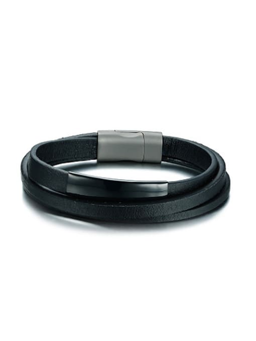 CONG Personality Black Multi-layer Artificial Leather Titanium Bracelet 0