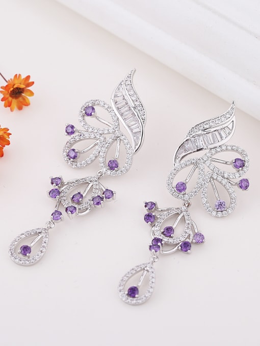 Purple Elegant AAA Zirconias Platinum Plated Flowery Drop Earrings