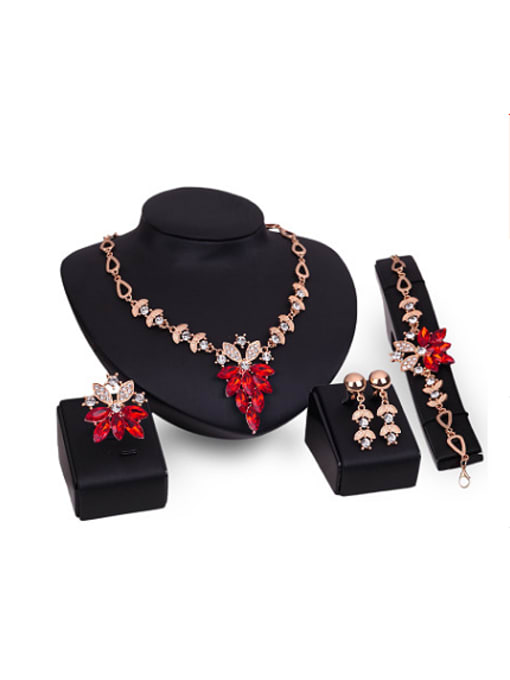 Red Alloy Imitation-gold Plated Fashion Flower-shaped Artificial Gemstones Four Pieces Jewelry Set