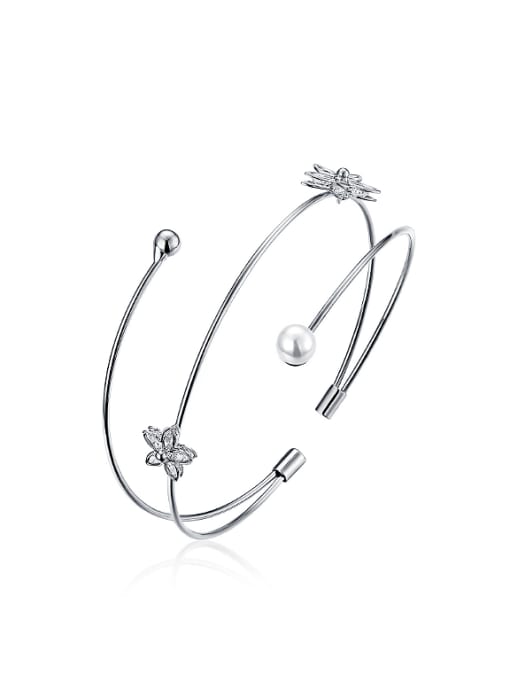 Platinum Simple Tiny Flowers Artificial Pearl Opening Bangle