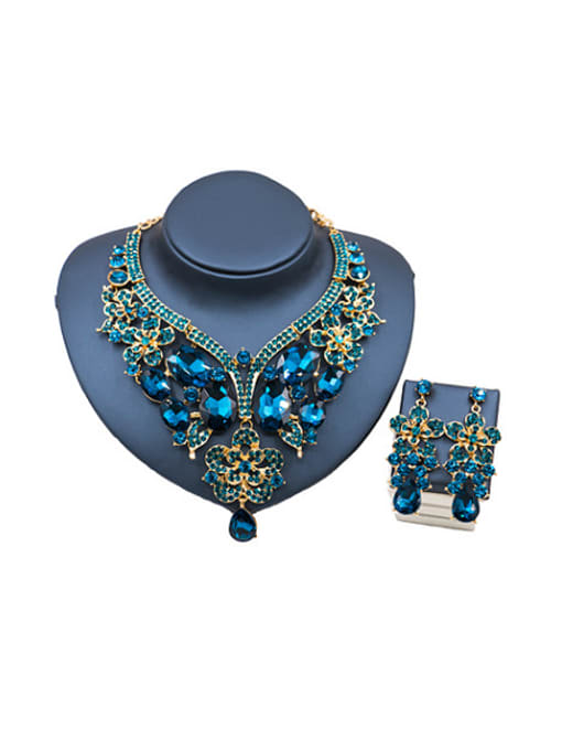 Blue Oval Glass Rhinestones Flower Two Pieces Jewelry Set