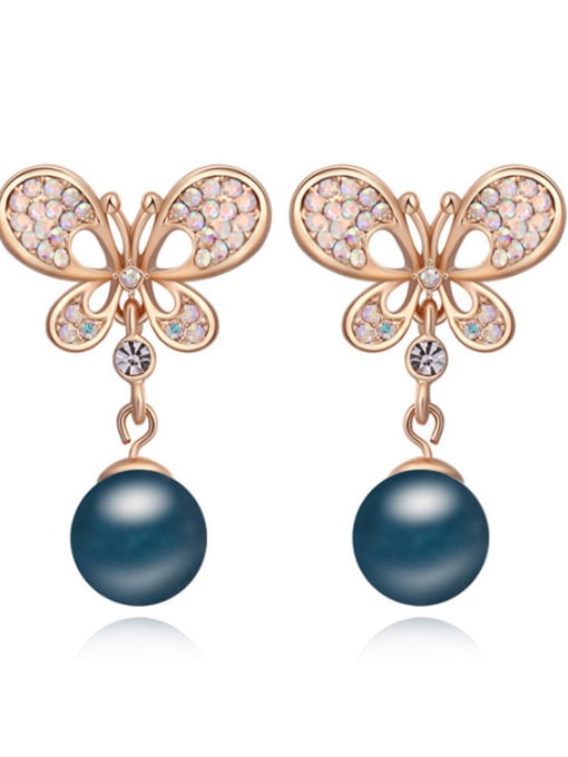 QIANZI Fashion Champagne Gold Plated Imitation Pearl Butterfly Stud Earrings 3