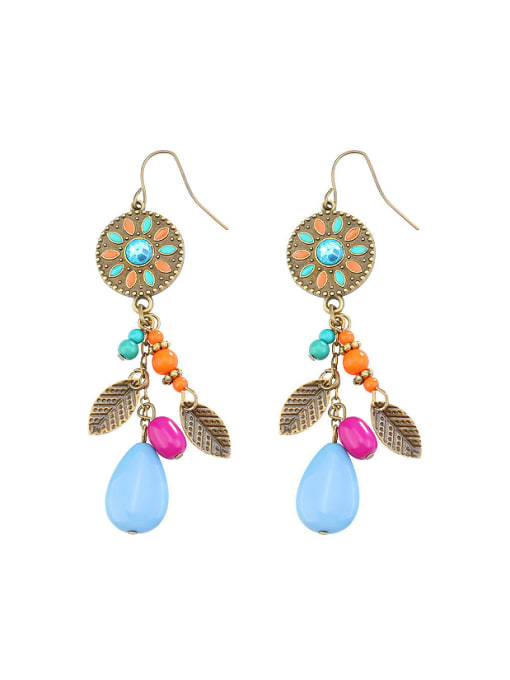 antique gold Bohemia style Colorful Resin stones Little Leaves Alloy Drop Earrings