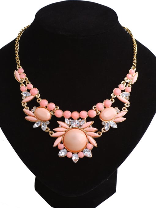 Pink Exaggerated Resin sticking White Rhinestones Gold Plated Necklace