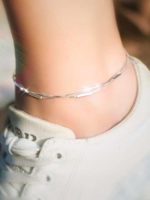 Rosh 925 Sterling Silver With Platinum Plated Simplistic Double layer Anklets 1