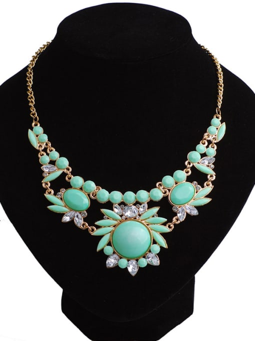 green Exaggerated Resin sticking White Rhinestones Gold Plated Necklace