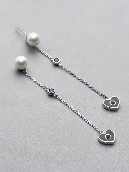 One Silver Fashion White Shell Pearl Little Black Heart 925 Silver Drop Earrings 3