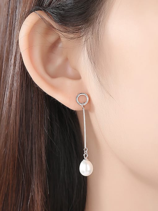 CCUI 925 Sterling Silver With Artificial Pearl  Simplistic Oval Long section Drop Earrings 1