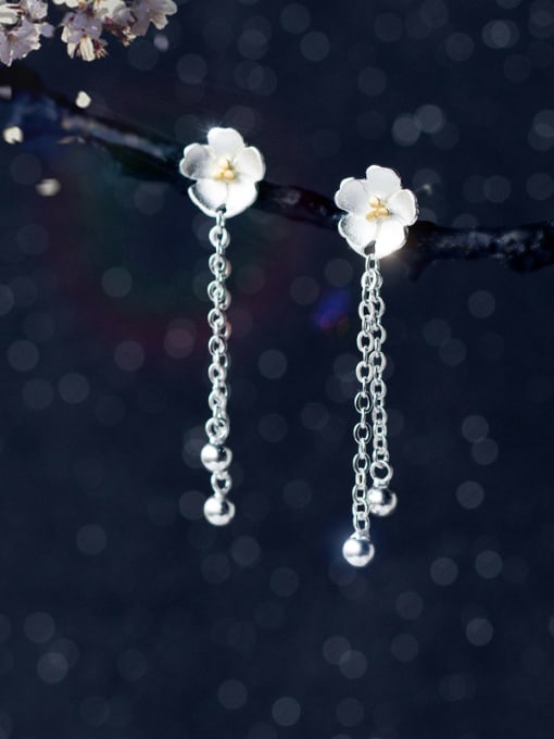 Rosh S925 Silver Sweet Cherry Flowers Tassel Drop threader earring 1