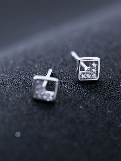 Rosh Personality Square Shaped Rhinestone Silver Stud Earrings