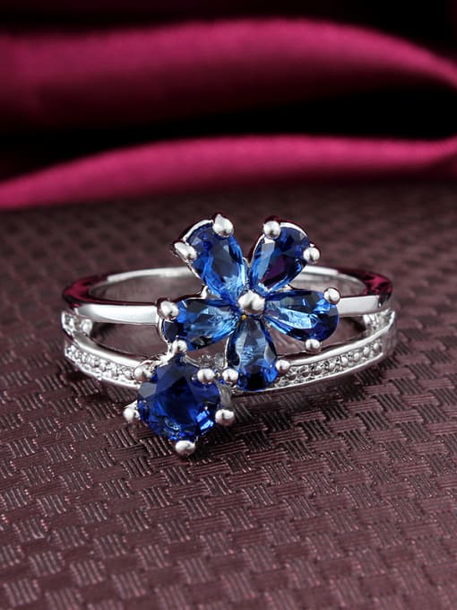 SANTIAGO Blue Platinum Plated Flower Shaped Zircon Ring 1