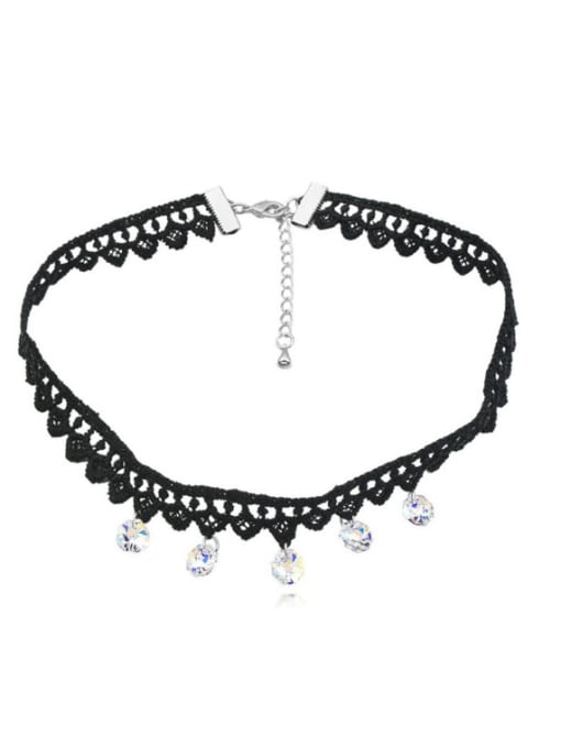 QIANZI Fashion White Cubic austrian Crystals Black Lace Band Alloy Necklace