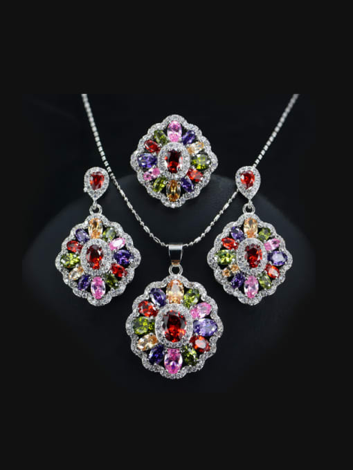 L.WIN Colorful Zircons Flower Three Pieces Jewelry Set 0