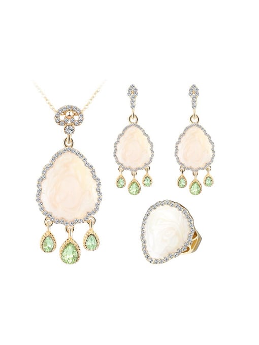 Gujin Retro style Green Crystals White Rhinestones Shell Three Pieces Jewelry Set 0