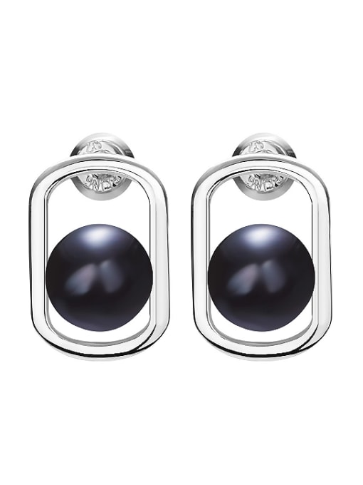 Black Simple Freshwater Pearl Hollow 925 Silver Stud Earrings
