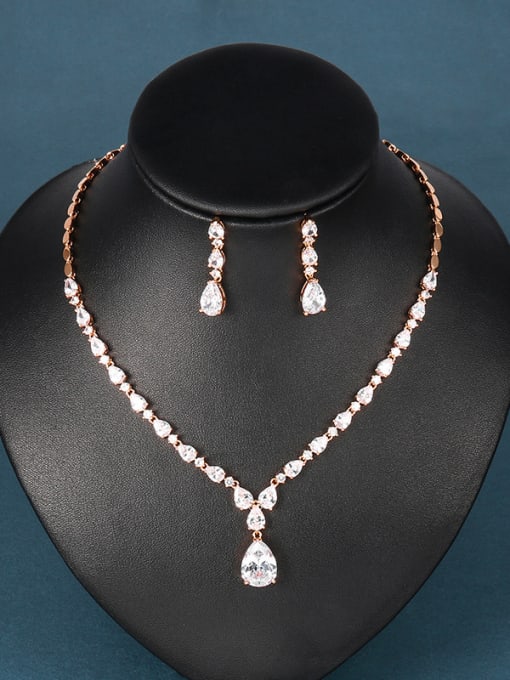rose Copper With  Cubic Zirconia  Classic Water Drop Earrings And Necklaces 2 Piece Jewelry Set